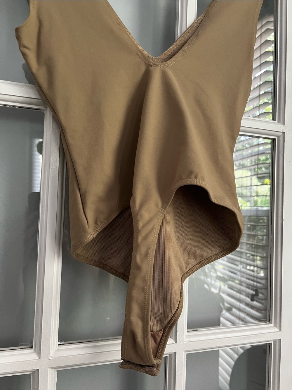 Sleeveless Tan V-Neck Asymmetric Bodysuit - Picture 6 of 7